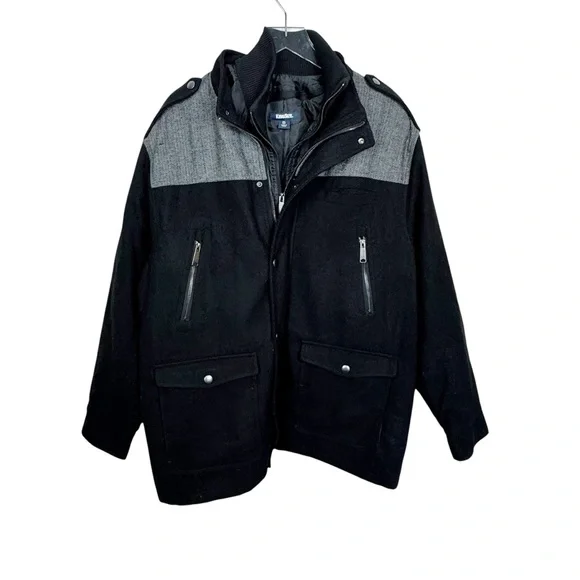 KingSize 2XL BIG Wool Blend Herringbone Multi-Pocket Combat Utility Black Coat